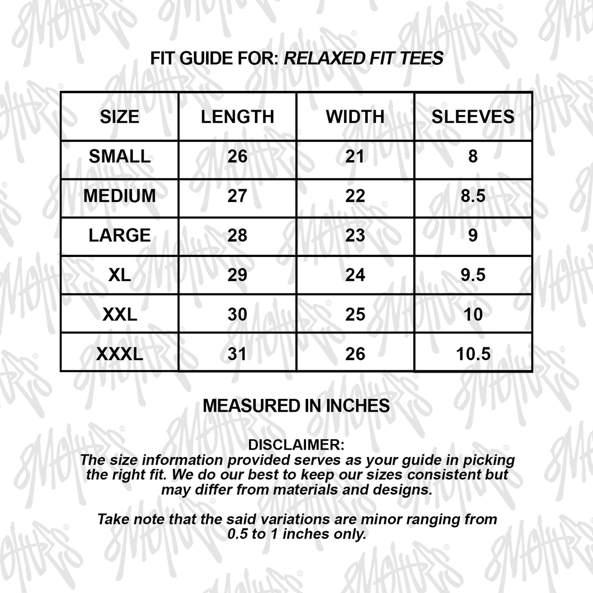 Fit guide for HUSTLER TEE. Measurements in inches.